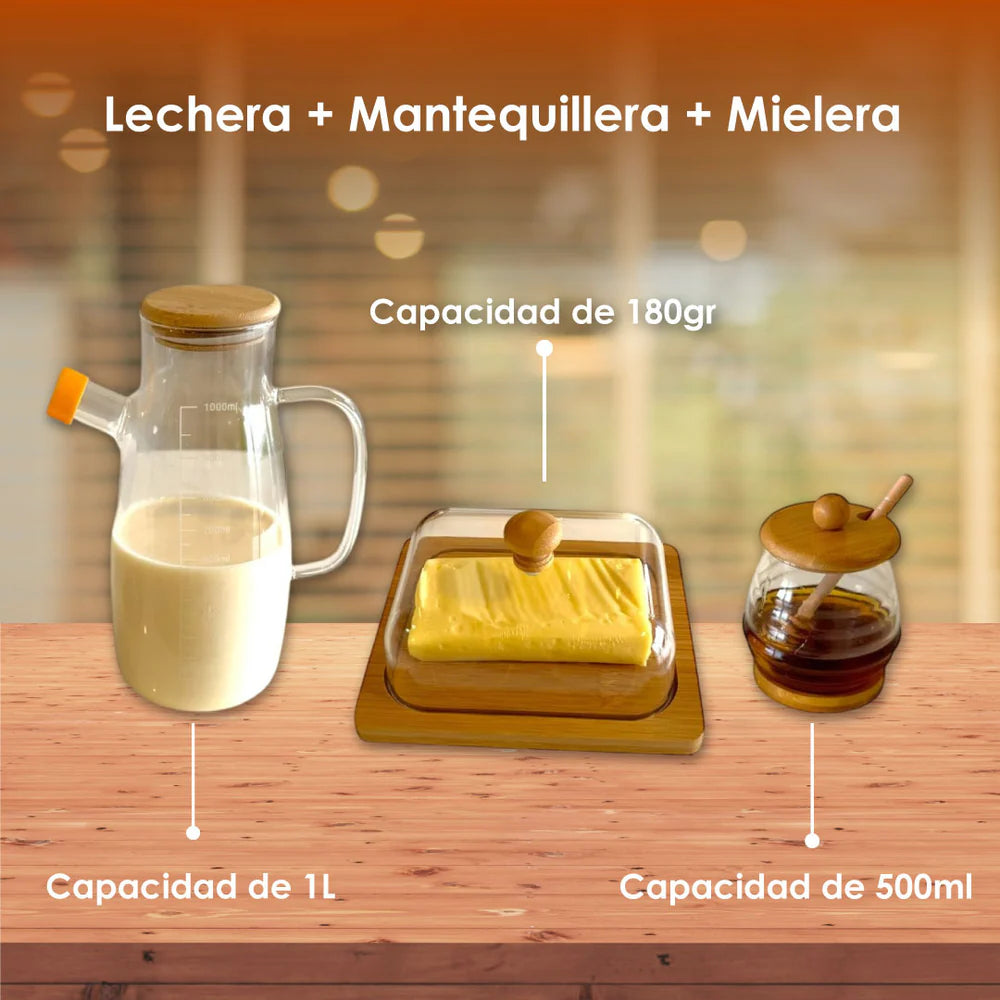 Combo Desayuno Perfecto de Bambú y Vidrio (Lechera + Mantequillera + Mielera)